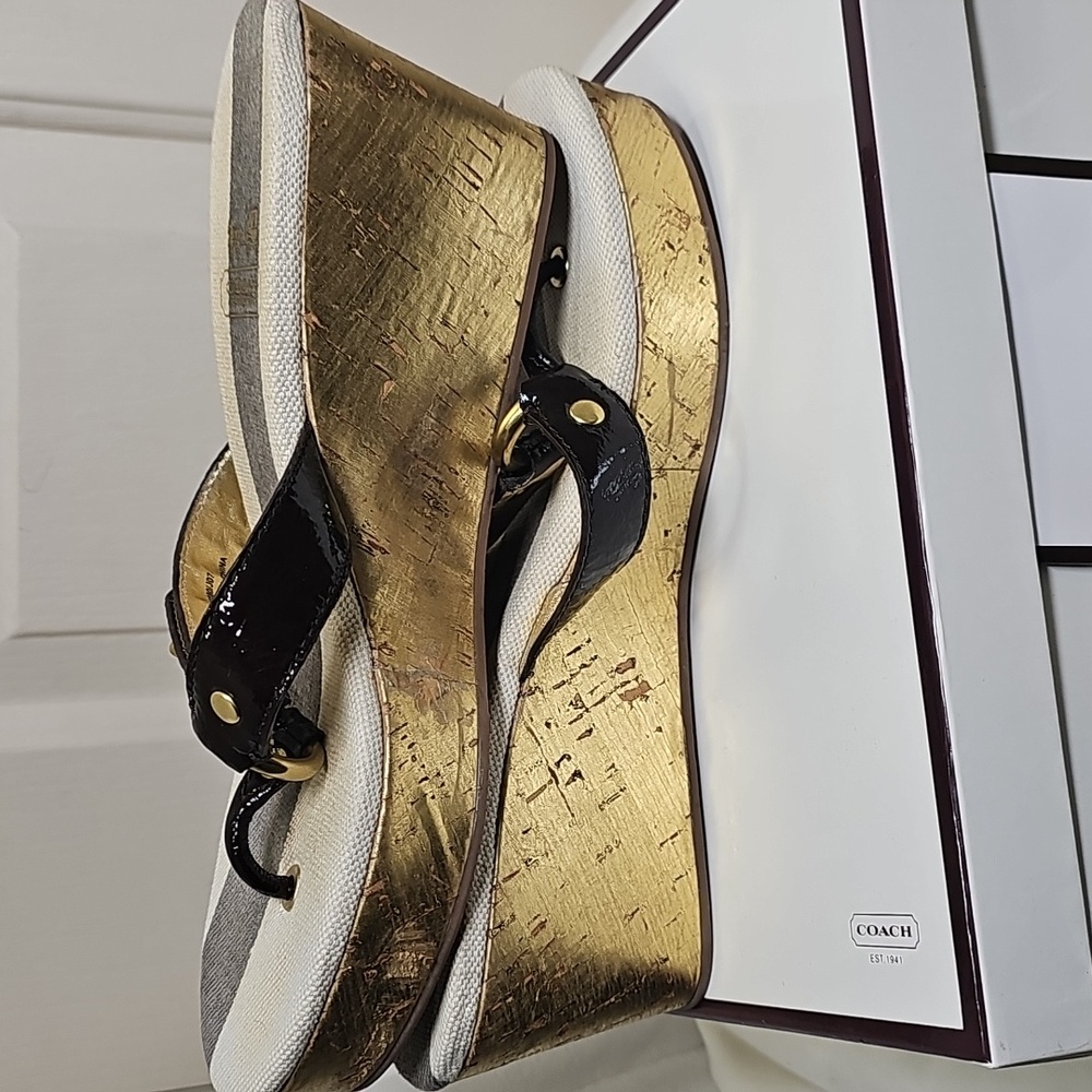 Coach Gold and Black Wedge Sandals - Picture 5 of 14